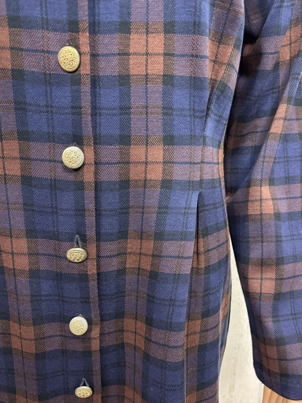 Fashion Bug Vintage 80’s-90’s Navy & Brown Plaid Button-Front Dress